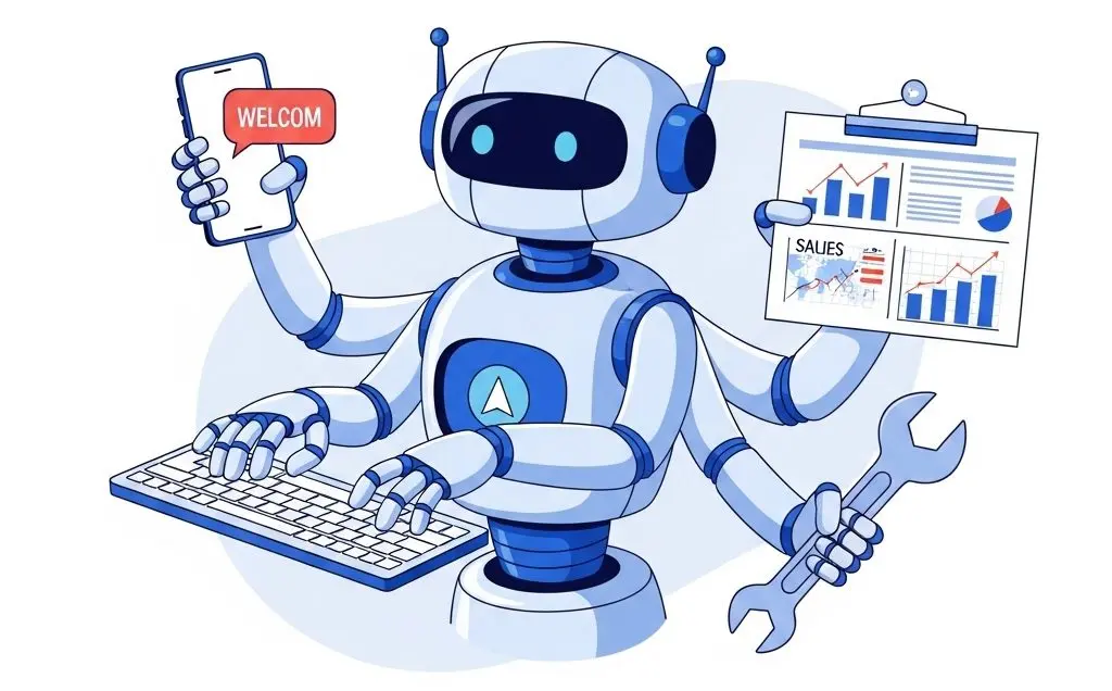 AI robot handling customer conversations, sales analytics, and business tools